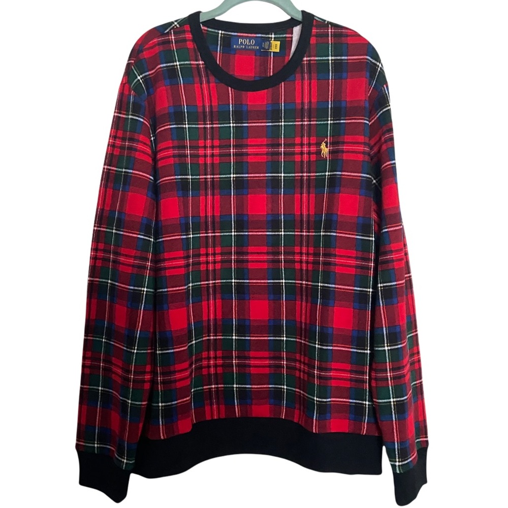 Polo Ralph Lauren Men's Size L Red Plaid Tartan Fleece Pullover Sweatshirt